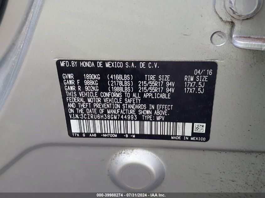 2016 Honda Hr-V Lx VIN: 3CZRU6H38GM744993 Lot: 39988274