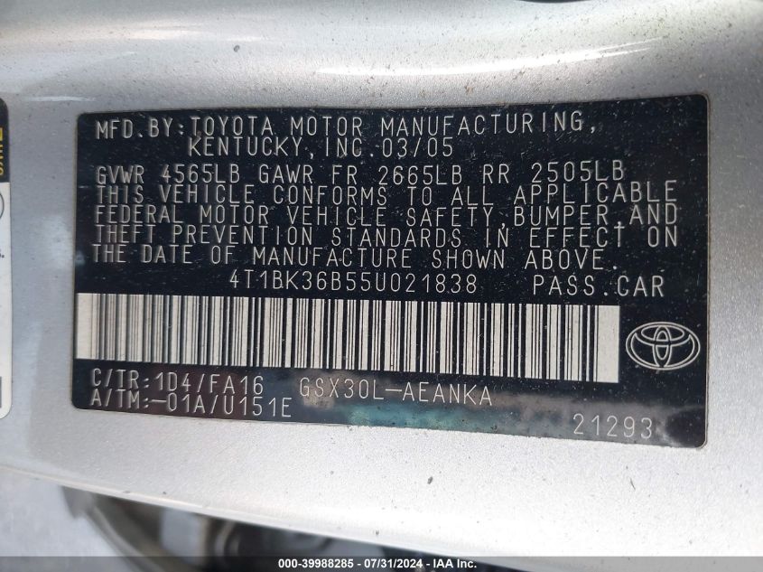 2005 Toyota Avalon Xl/Xls/Touring/Limited VIN: 4T1BK36B55U021838 Lot: 39988285