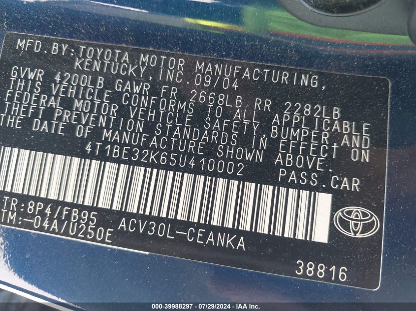 2005 Toyota Camry Le VIN: 4T1BE32K65U410002 Lot: 39988297