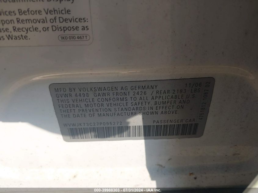 2007 Volkswagen Passat Sedan VIN: WVWJK73C27P095272 Lot: 39988303