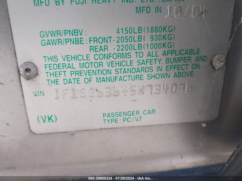 2005 Subaru Forester 2.5X VIN: JF1SG63645H734078 Lot: 39988324