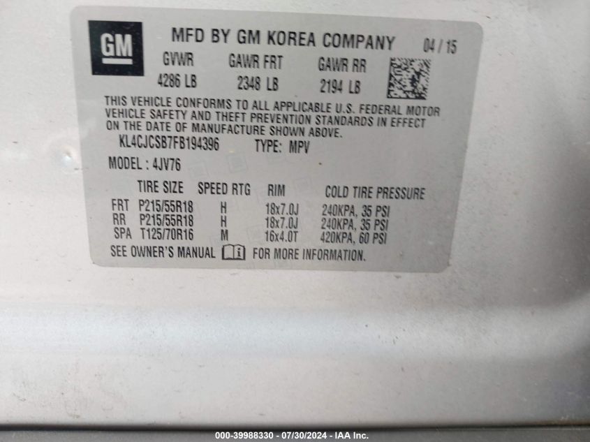 2015 Buick Encore Leather VIN: KL4CJCSB7FB194396 Lot: 39988330