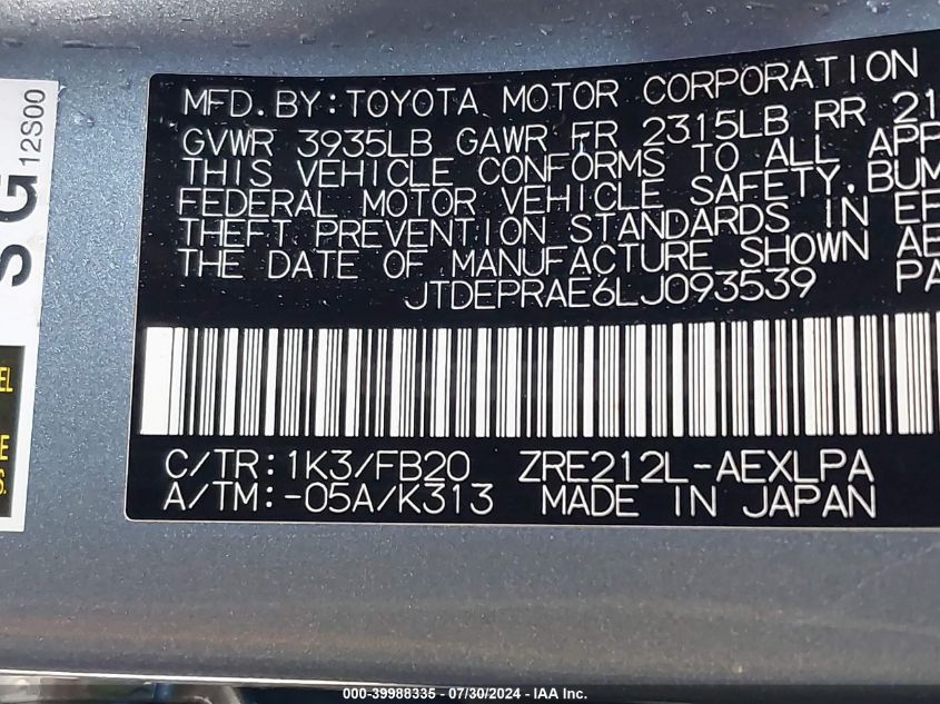 VIN JTDEPRAE6LJ093539 2020 TOYOTA COROLLA LE