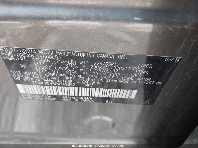 2014 Toyota Rav4 Xle VIN: 2T3RFREV5EW149652 Lot: 39988350