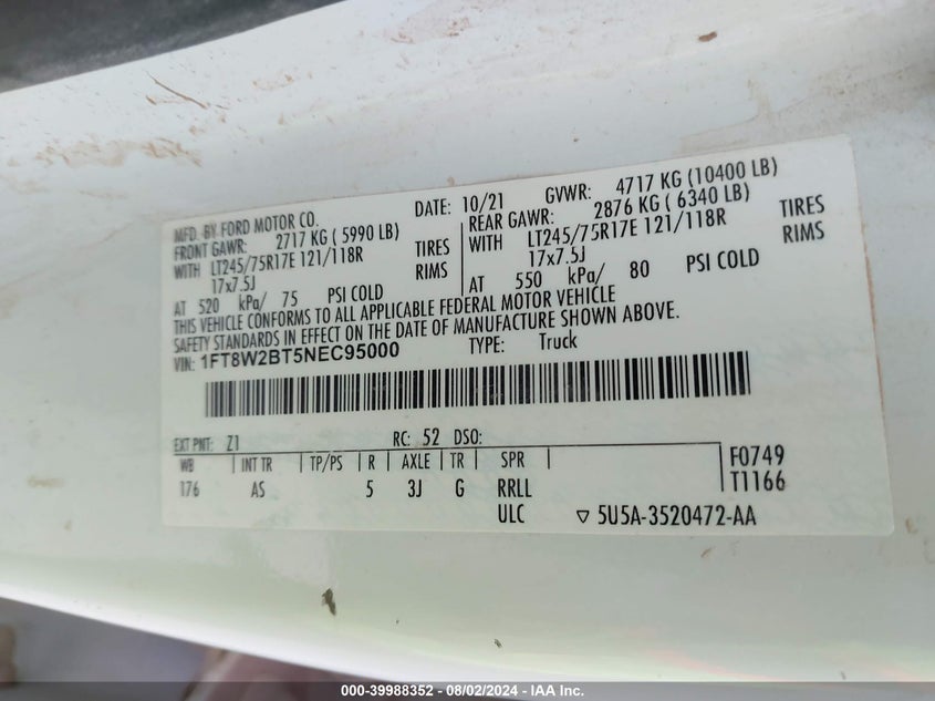 2022 Ford F250 Super Duty VIN: 1FT8W2BT5NEC95000 Lot: 39988352