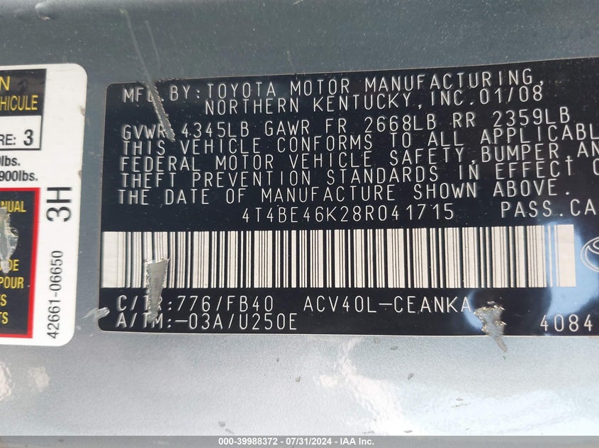 2008 Toyota Camry Le VIN: 4T4BE46K28R041715 Lot: 39988372