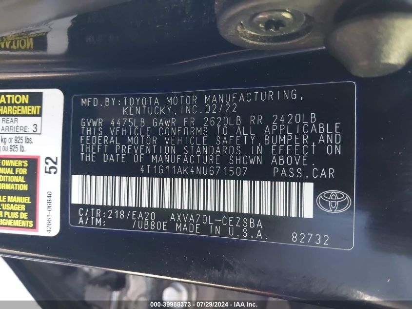 2022 Toyota Camry Se VIN: 4T1G11AK4NU671507 Lot: 39988373