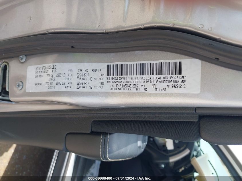 2016 Jeep Cherokee Sport VIN: 1C4PJLAB0GW312386 Lot: 39988400