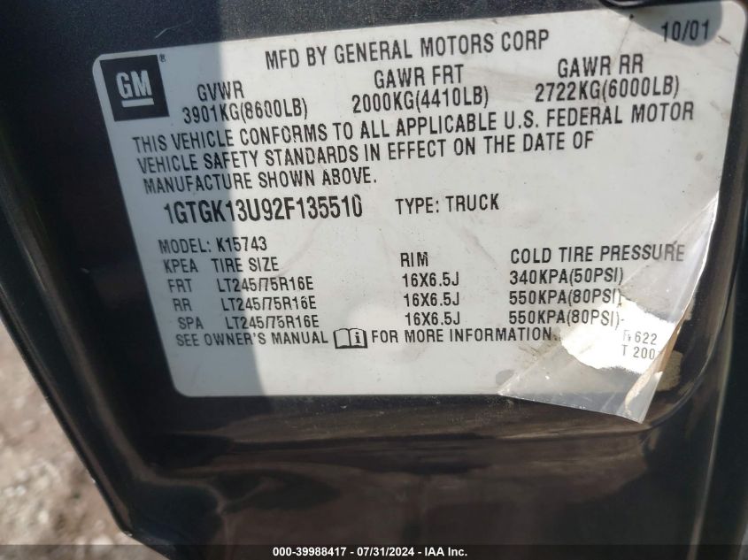 2002 GMC Sierra K1500 Heavy Duty VIN: 1GTGK13U92F135510 Lot: 39988417