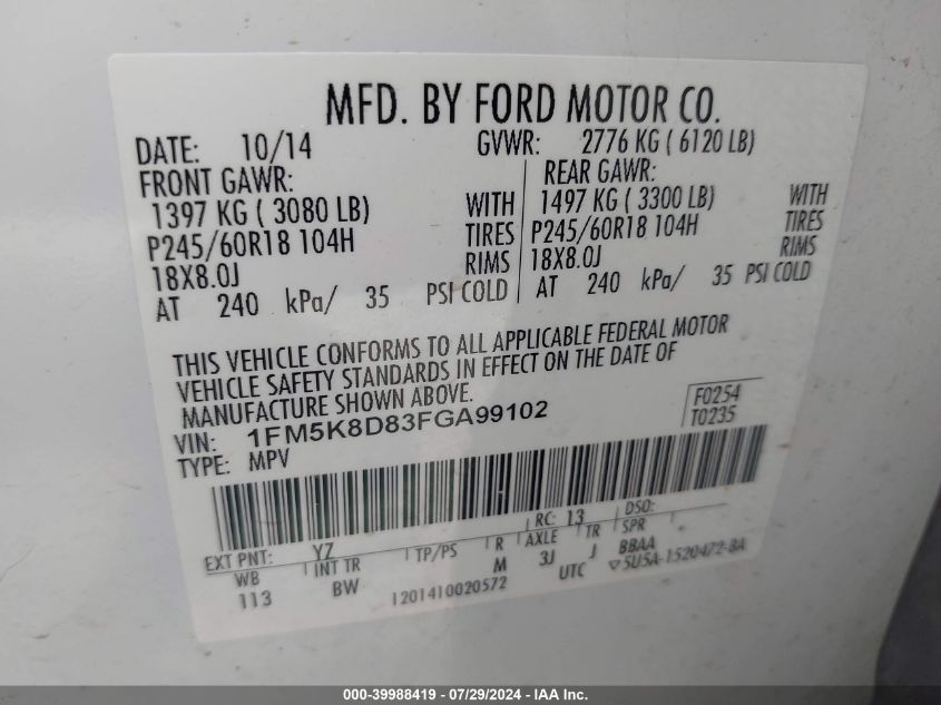 2015 Ford Explorer Xlt VIN: 1FM5K8D83FGA99102 Lot: 39988419