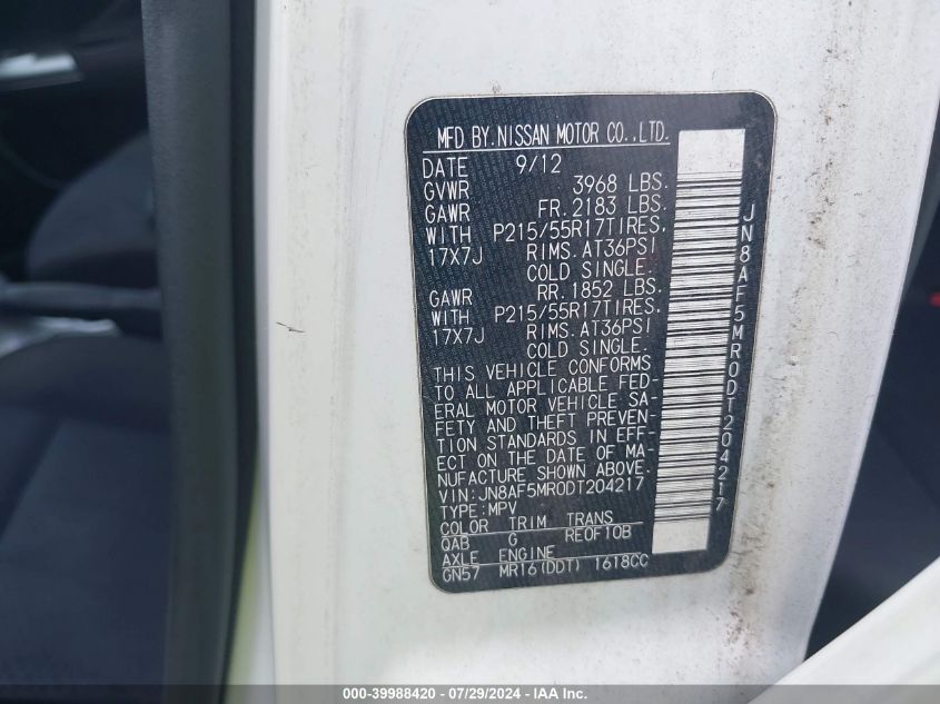 2013 Nissan Juke Sv VIN: JN8AF5MR0DT204217 Lot: 39988420