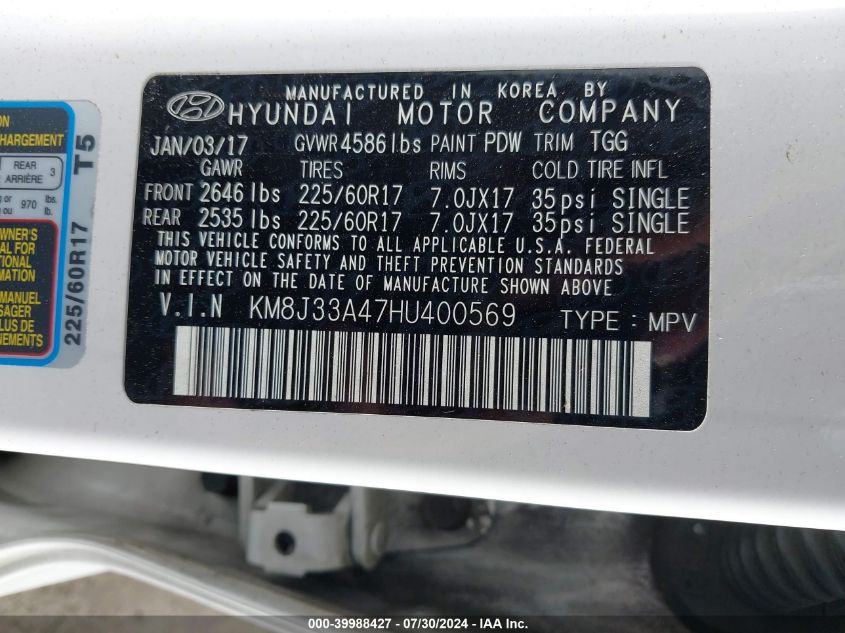 2017 Hyundai Tucson Limited/Sport And Eco/Se VIN: KM8J33A47HU400569 Lot: 39988427