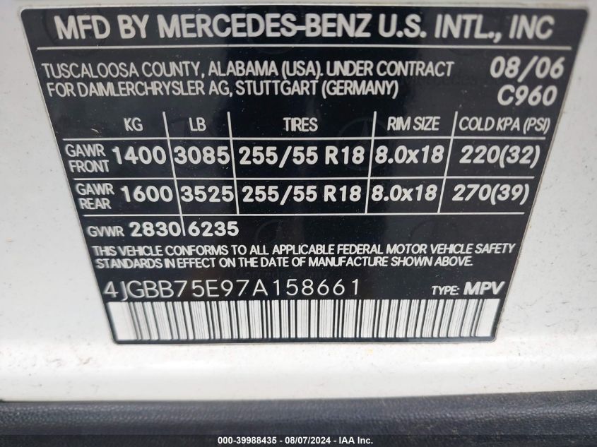 2007 Mercedes-Benz Ml 500 4Matic VIN: 4JGBB75E97A158661 Lot: 39988435