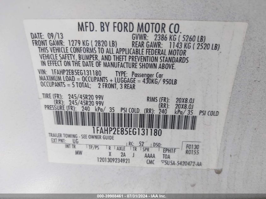 2014 Ford Taurus Sel VIN: 1FAHP2E85EG131180 Lot: 39988461