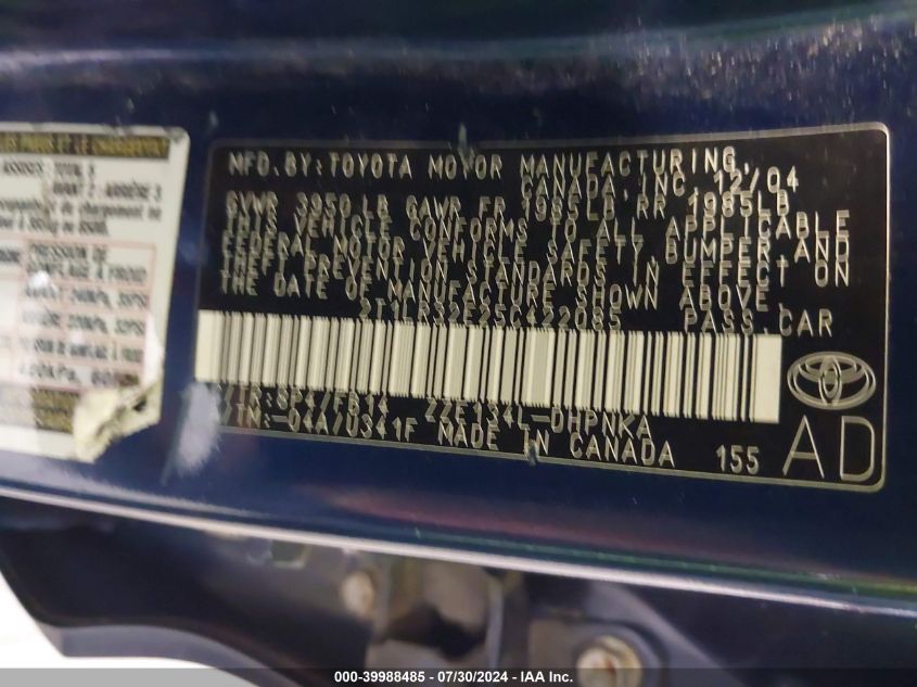 2005 Toyota Matrix Xr VIN: 2T1LR32E25C422085 Lot: 39988485