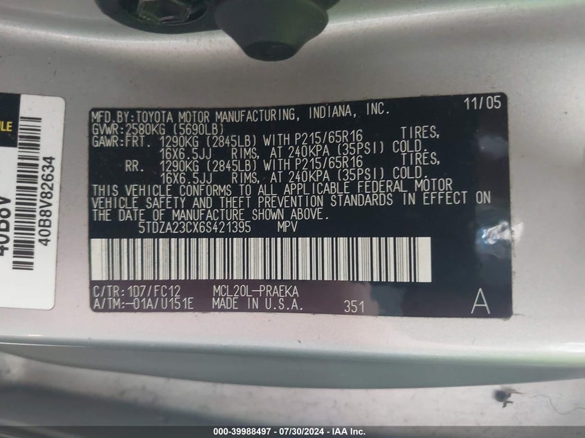 2006 Toyota Sienna Le VIN: 5TDZA23CX6S421395 Lot: 39988497