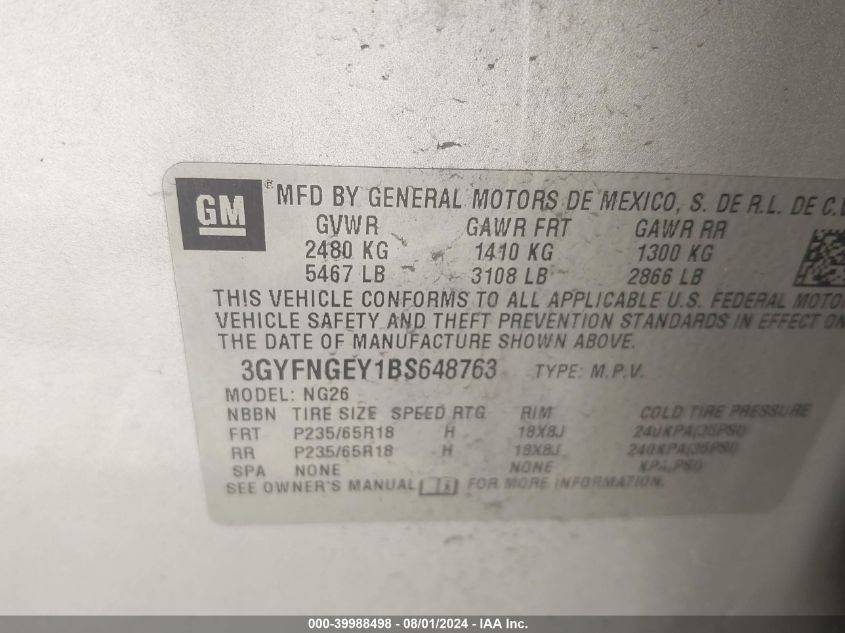 2011 Cadillac Srx Standard VIN: 3GYFNGEY1BS648763 Lot: 39988498