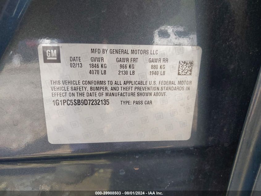 2013 Chevrolet Cruze Lt VIN: 1G1PC5SB9D7232135 Lot: 39988503