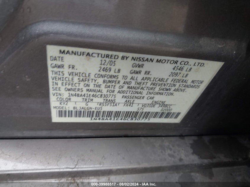 2006 Nissan Maxima 3.5 Sl VIN: 1N4BA41E46C830775 Lot: 39988517