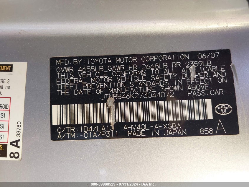2007 Toyota Camry Hybrid Hybrid VIN: JTNBB46K273044072 Lot: 39988529