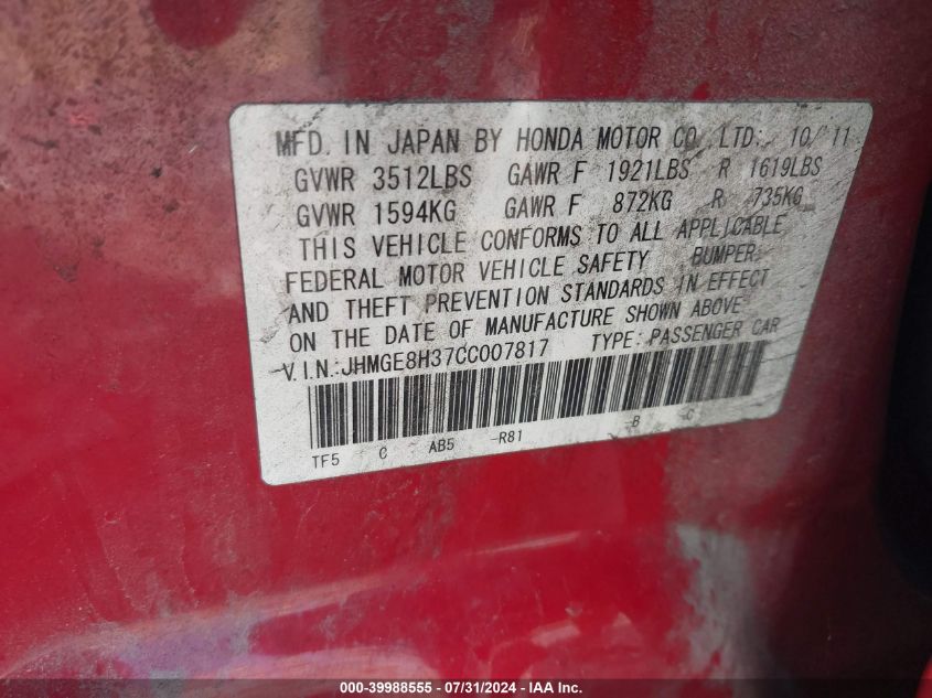 2012 Honda Fit VIN: JHMGE8H37CC007817 Lot: 39988555