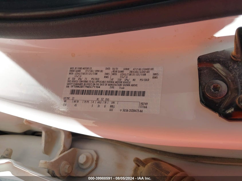 2022 Ford F250 Super Duty VIN: 1FT8W2BT7NEC71104 Lot: 39988591