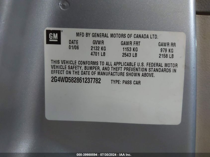 2006 Buick Lacrosse Cxl VIN: 2G4WD582861237782 Lot: 39988594