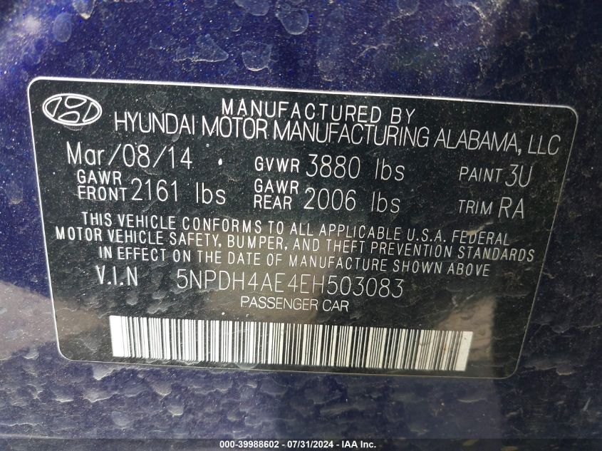 2014 Hyundai Elantra Se VIN: 5NPDH4AE4EH503083 Lot: 39988602