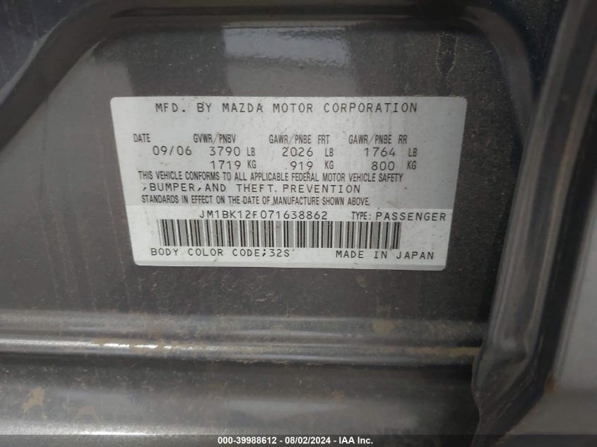 JM1BK12F071638862 2007 Mazda Mazda3 I