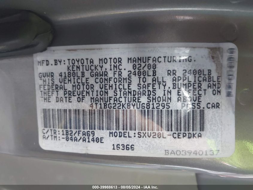 2000 Toyota Camry Ce VIN: 4T1BG22K8YU681295 Lot: 39988613