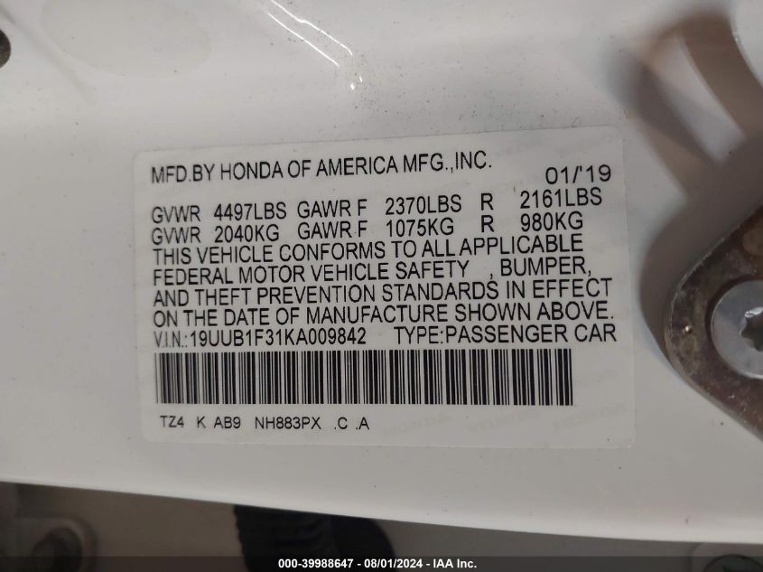 2019 Acura Tlx Standard VIN: 19UUB1F31KA009842 Lot: 39988647