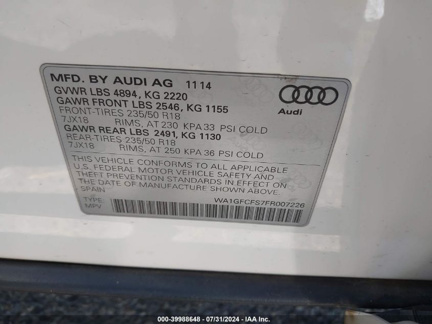 2015 Audi Q3 2.0T Premium Plus VIN: WA1GFCFS7FR007226 Lot: 39988648