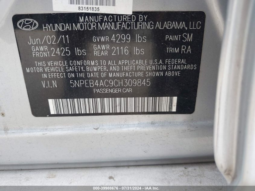 5NPEB4AC9CH309845 2012 Hyundai Sonata Gls