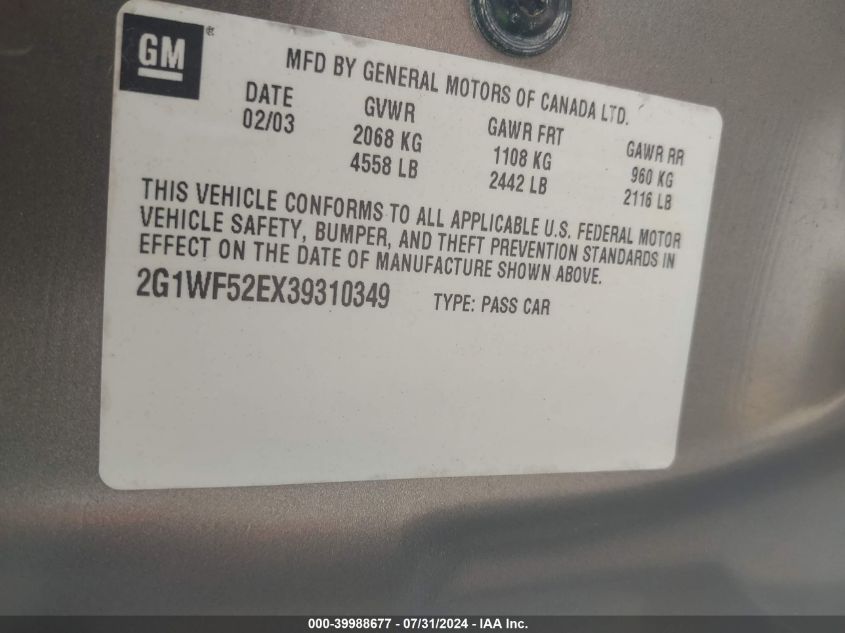 2003 Chevrolet Impala VIN: 2G1WF52EX39310349 Lot: 39988677