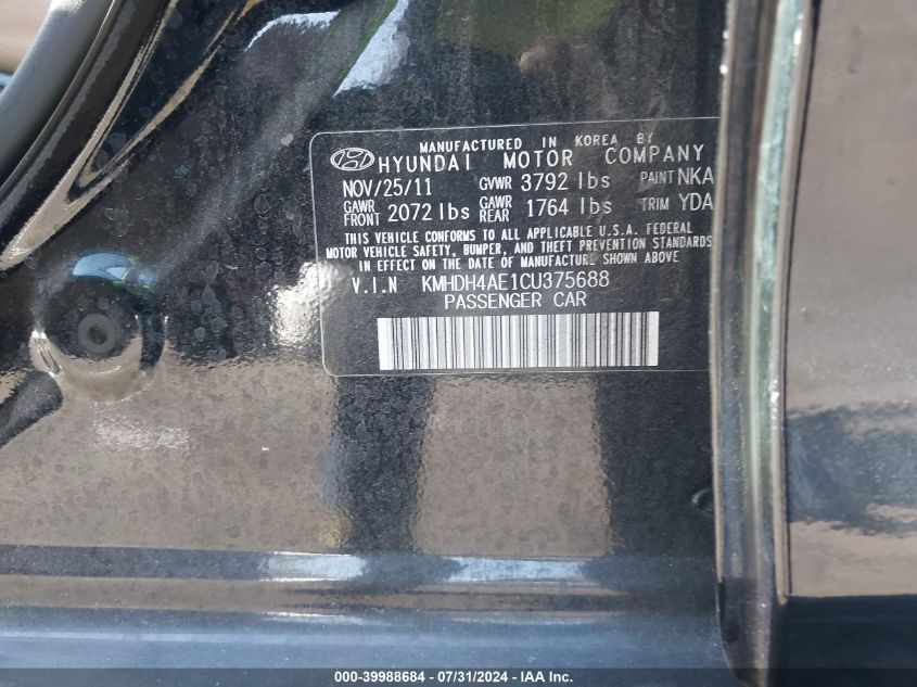 2012 Hyundai Elantra Gls (Ulsan Plant) VIN: KMHDH4AE1CU375688 Lot: 39988684