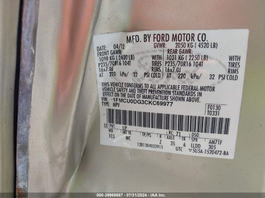 2012 Ford Escape Xlt VIN: 1FMCU0DG3CKC69977 Lot: 39988687