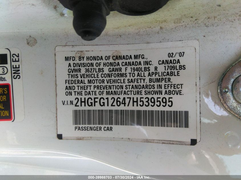 2007 Honda Civic Lx VIN: 2HGFG12647H539595 Lot: 39988703