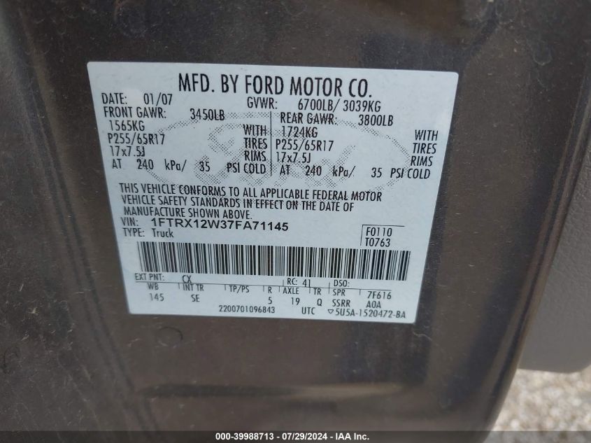 2007 Ford F-150 Stx/Xl/Xlt VIN: 1FTRX12W37FA71145 Lot: 39988713