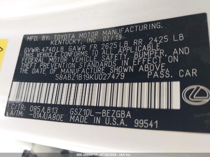 2019 Lexus Es 350 Luxury VIN: 58ABZ1B19KU027479 Lot: 39988717