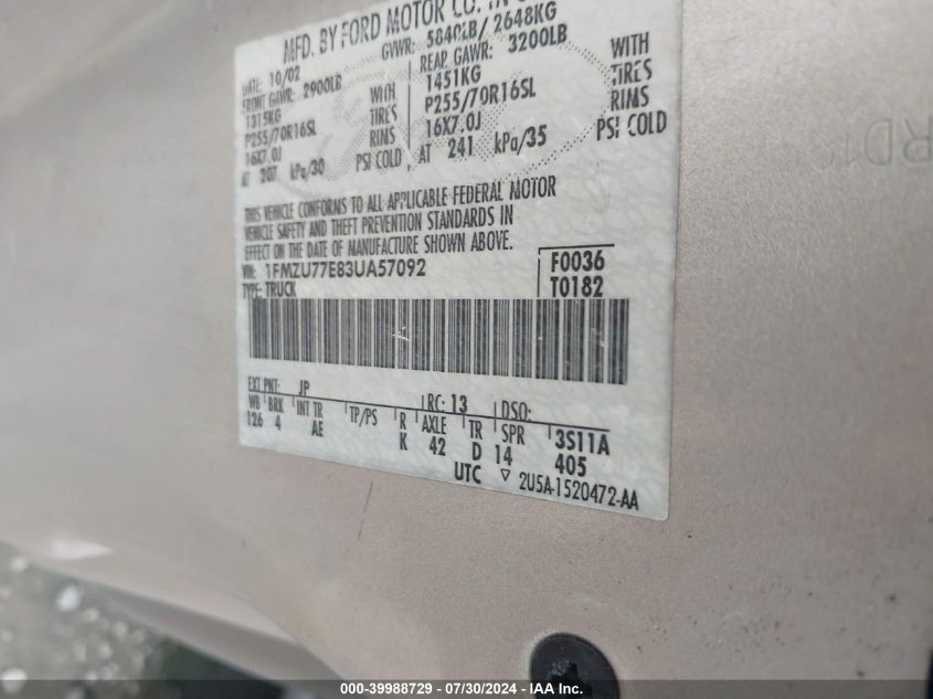 2003 Ford Explorer Sport Trac Xls/Xlt VIN: 1FMZU77E83UA57092 Lot: 39988729