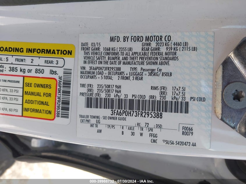 2015 Ford Fusion Se VIN: 3FA6P0H73FR295388 Lot: 39988732