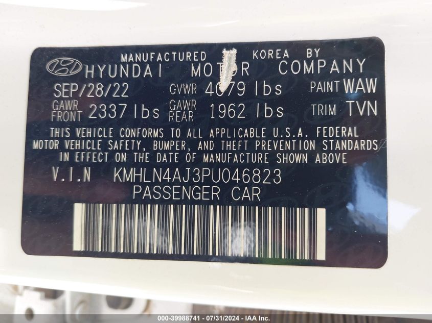 2023 Hyundai Elantra Hybrid Limited VIN: KMHLN4AJ3PU046823 Lot: 39988741