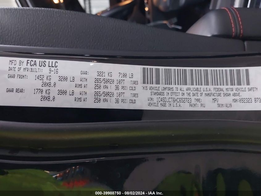 2017 Dodge Durango R/T Awd VIN: 1C4SDJCT6HC652723 Lot: 39988750