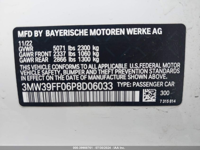 2023 BMW 3 Series 330E VIN: 3MW39FF06P8D06033 Lot: 39988761