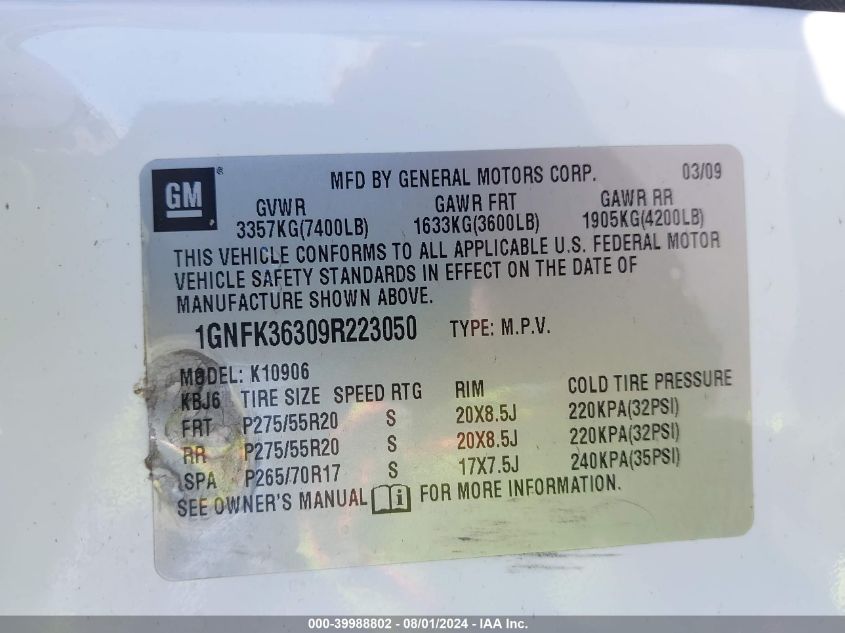 2009 Chevrolet Suburban 1500 Ltz VIN: 1GNFK36309R223050 Lot: 39988802