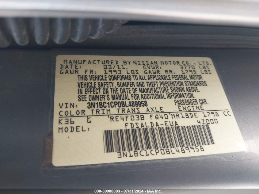 2011 Nissan Versa 1.8S VIN: 3N1BC1CP0BL489958 Lot: 39988803