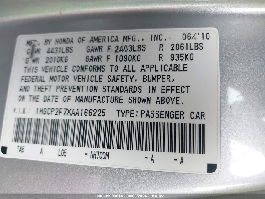 2010 Honda Accord 2.4 Ex VIN: 1HGCP2F7XAA166225 Lot: 39988814