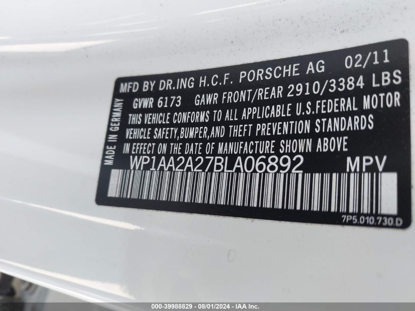 WP1AA2A27BLA06892 2011 Porsche Cayenne