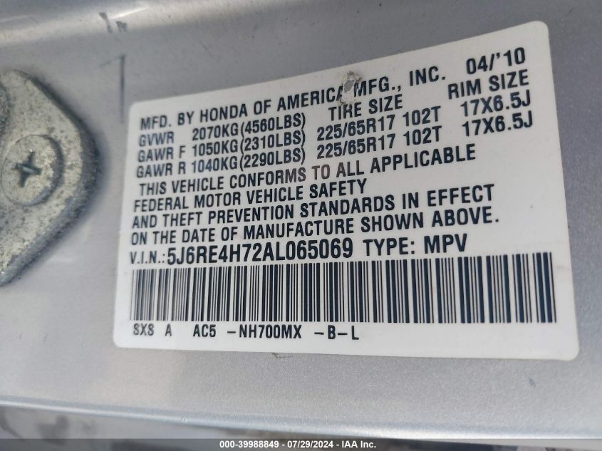 2010 Honda Cr-V Ex-L VIN: 5J6RE4H72AL065069 Lot: 39988849