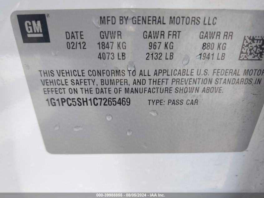 2012 Chevrolet Cruze Ls VIN: 1G1PC5SH1C7265469 Lot: 39988855